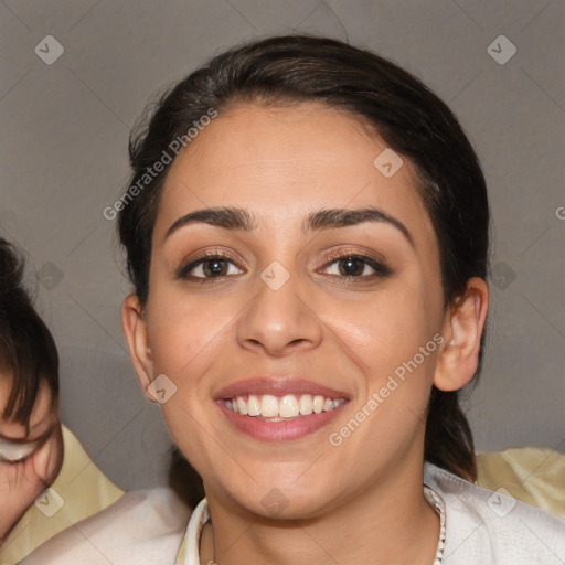 Joyful white young-adult female with medium  brown hair and brown eyes