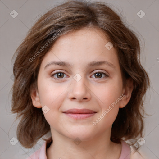 Joyful white child female with medium  brown hair and brown eyes