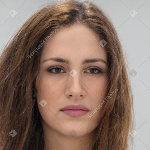 Neutral white young-adult female with long  brown hair and brown eyes
