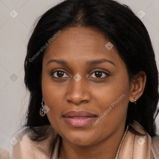 Joyful latino young-adult female with long  brown hair and brown eyes
