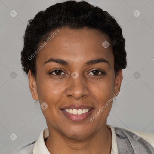 Joyful latino young-adult female with short  brown hair and brown eyes