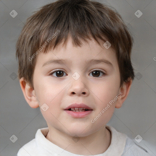 Joyful white child male with short  brown hair and brown eyes