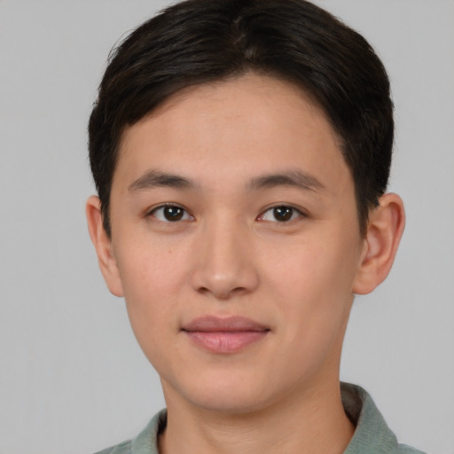 Neutral asian young-adult male with short  brown hair and brown eyes