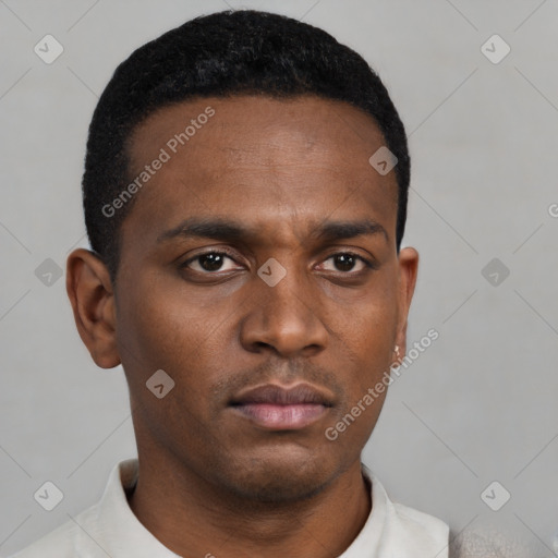 Neutral black young-adult male with short  black hair and brown eyes