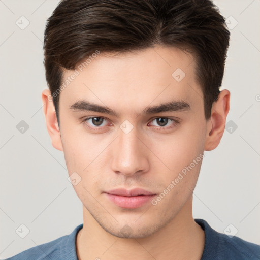 Neutral white young-adult male with short  brown hair and brown eyes