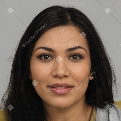 Joyful latino young-adult female with long  brown hair and brown eyes