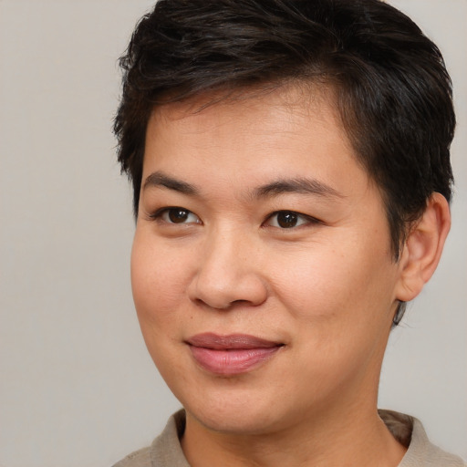 Joyful asian young-adult female with short  brown hair and brown eyes