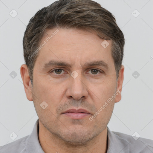 Neutral white adult male with short  brown hair and brown eyes