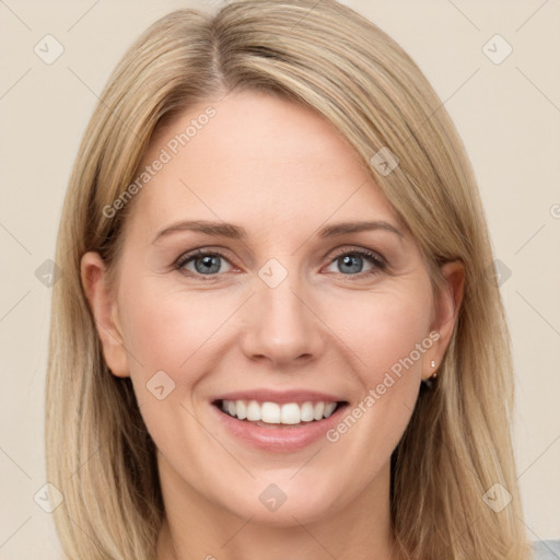 Joyful white young-adult female with long  brown hair and grey eyes