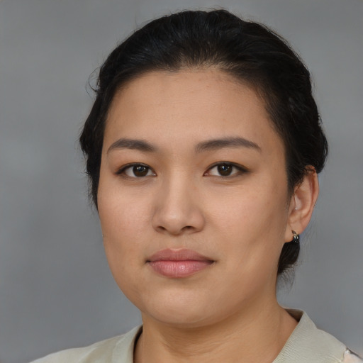 Neutral asian young-adult female with short  brown hair and brown eyes