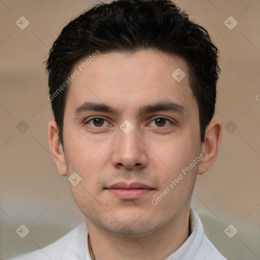 Neutral white young-adult male with short  brown hair and brown eyes