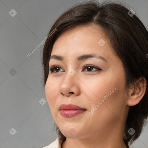 Neutral white young-adult female with medium  brown hair and brown eyes