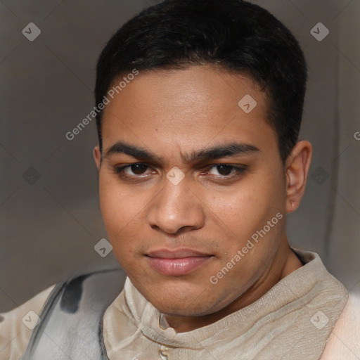 Joyful latino young-adult male with short  brown hair and brown eyes