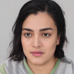 Neutral asian young-adult female with medium  black hair and brown eyes