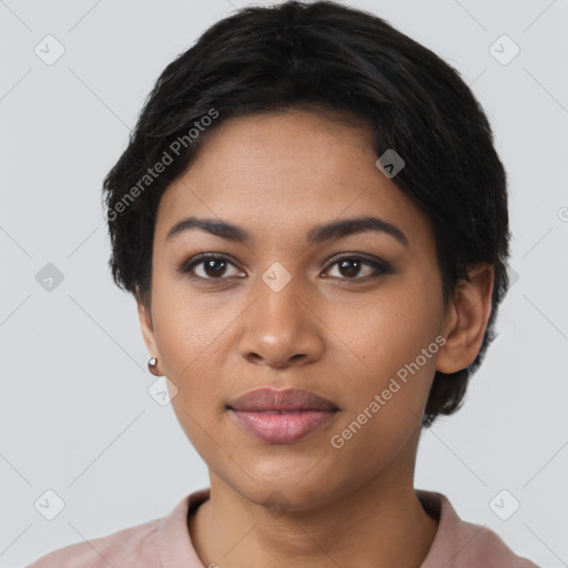 Joyful latino young-adult female with short  black hair and brown eyes