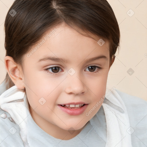 Joyful white child female with short  brown hair and brown eyes