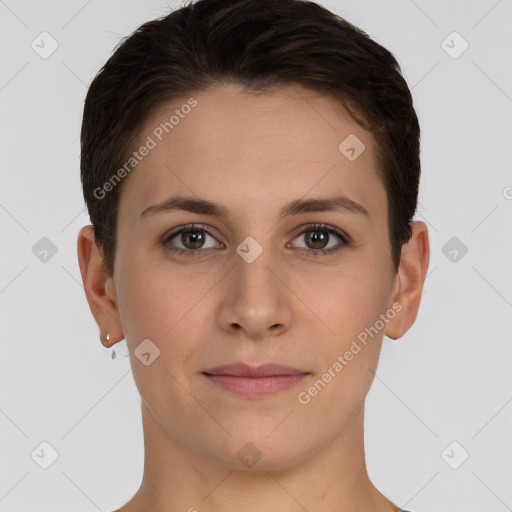 Joyful white young-adult female with short  brown hair and brown eyes