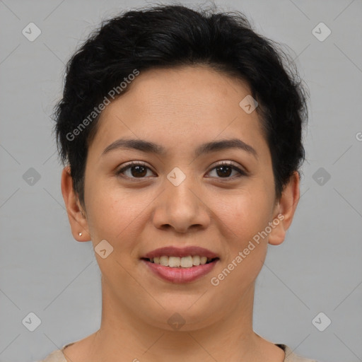 Joyful latino young-adult female with short  brown hair and brown eyes