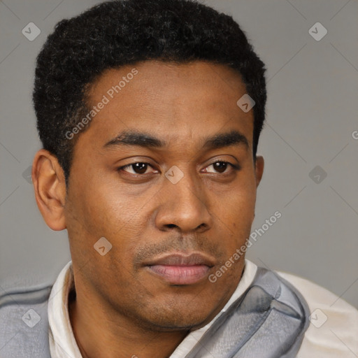 Neutral latino young-adult male with short  brown hair and brown eyes