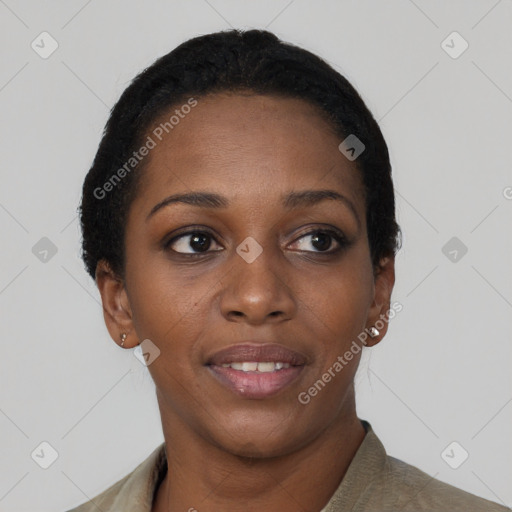 Neutral black young-adult female with short  black hair and brown eyes