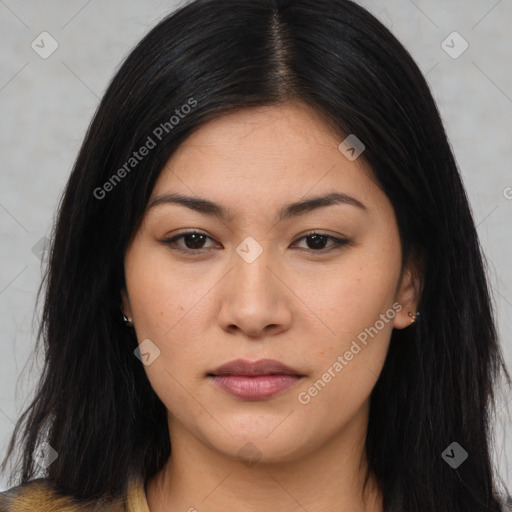 Joyful asian young-adult female with long  brown hair and brown eyes