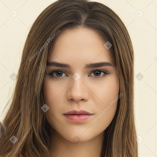 Neutral white young-adult female with long  brown hair and brown eyes