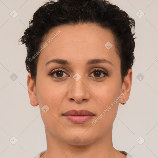 Joyful white young-adult female with short  brown hair and brown eyes