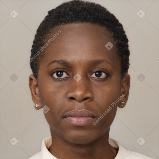 Neutral black young-adult female with short  brown hair and brown eyes