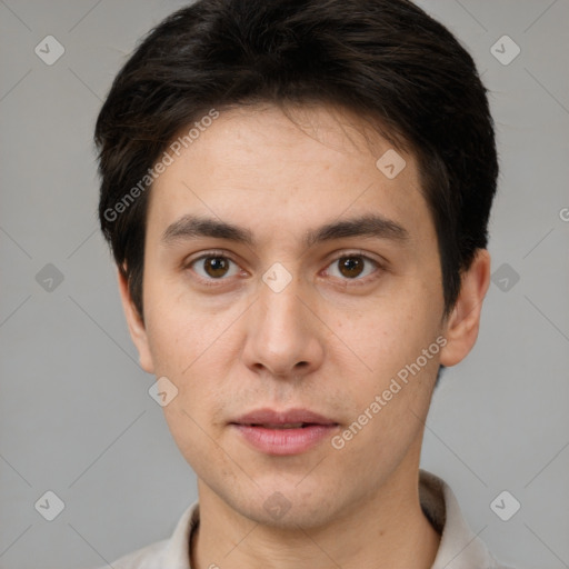 Neutral white young-adult male with short  brown hair and brown eyes