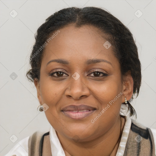 Joyful latino adult female with medium  brown hair and brown eyes