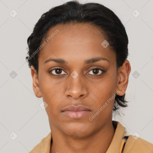 Neutral latino young-adult female with short  black hair and brown eyes