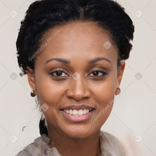 Joyful latino young-adult female with short  black hair and brown eyes