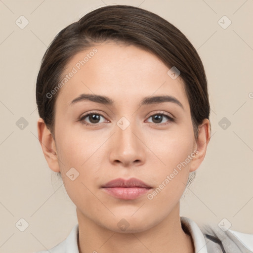 Neutral white young-adult female with short  brown hair and brown eyes