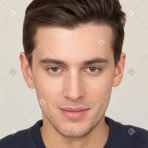 Neutral white young-adult male with short  brown hair and brown eyes