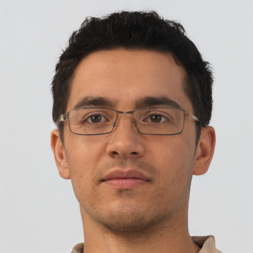 Neutral asian young-adult male with short  brown hair and brown eyes