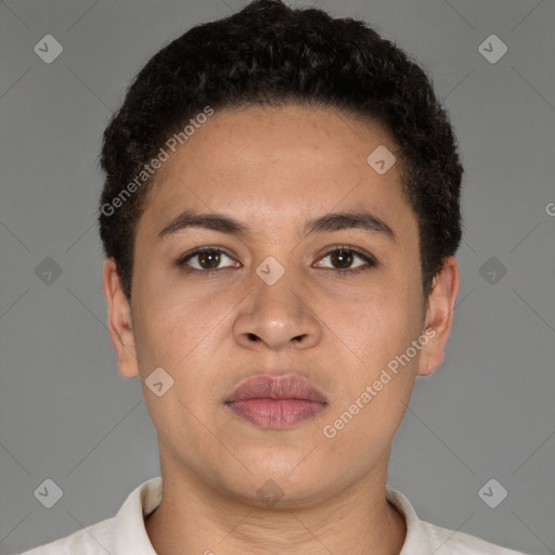 Neutral latino young-adult male with short  brown hair and brown eyes