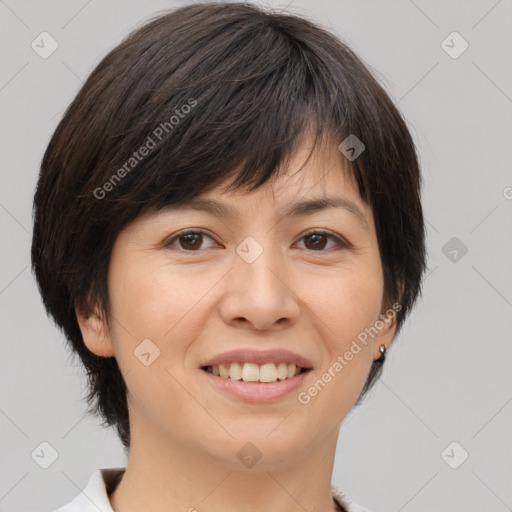 Joyful white adult female with medium  brown hair and brown eyes