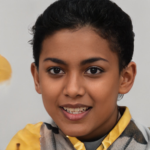 Joyful latino young-adult female with short  brown hair and brown eyes