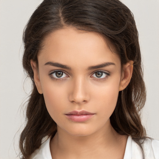 Neutral white young-adult female with medium  brown hair and brown eyes