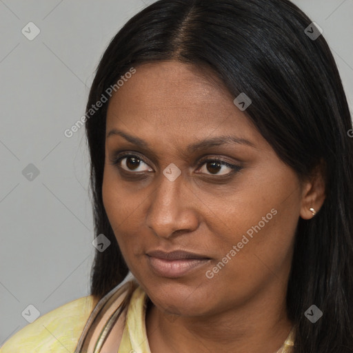 Joyful latino young-adult female with long  brown hair and brown eyes