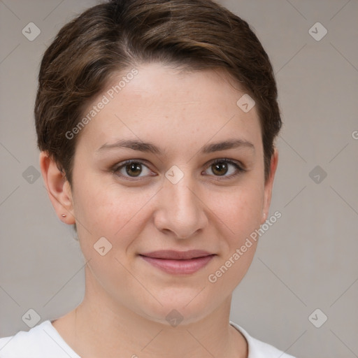 Joyful white young-adult female with short  brown hair and brown eyes