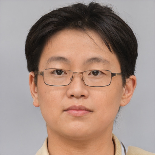 Neutral asian adult female with short  brown hair and brown eyes