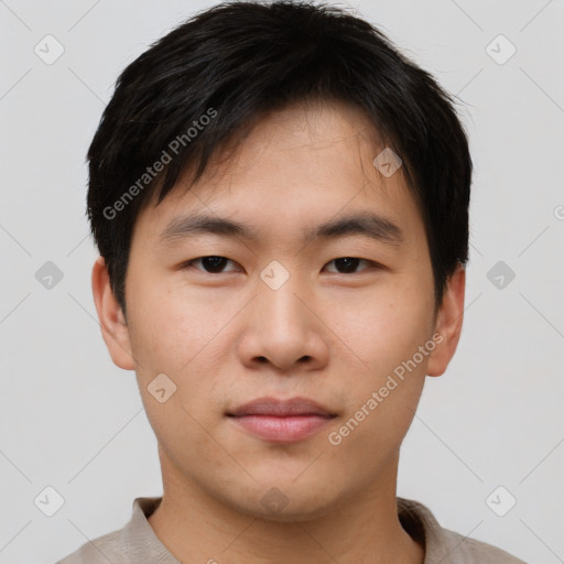 Neutral asian young-adult male with short  brown hair and brown eyes