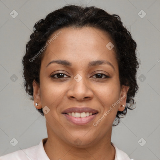 Joyful latino young-adult female with short  brown hair and brown eyes