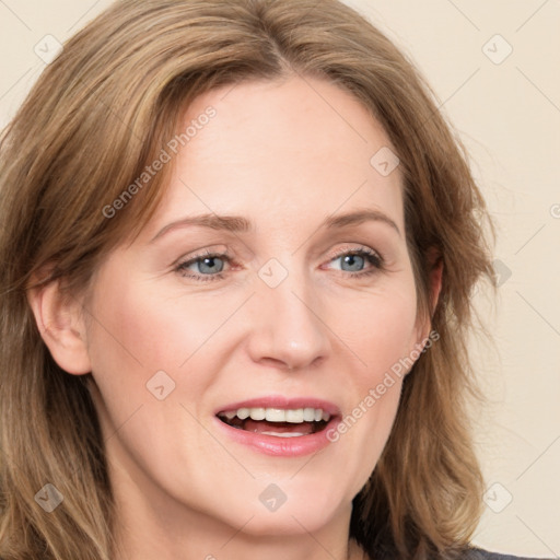 Joyful white young-adult female with medium  brown hair and green eyes