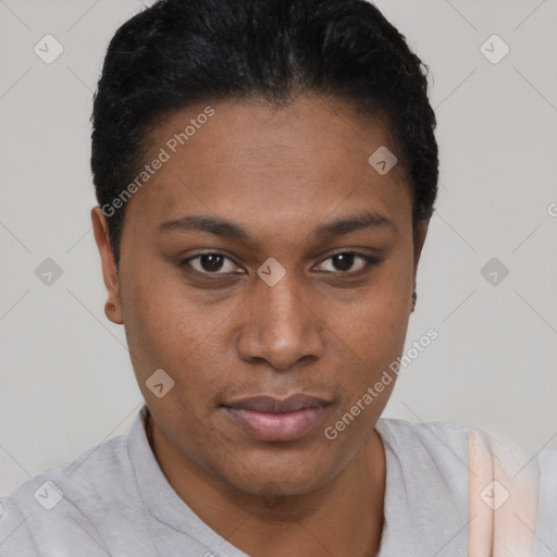 Joyful black young-adult female with short  black hair and brown eyes