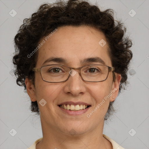 Joyful white adult female with short  brown hair and brown eyes