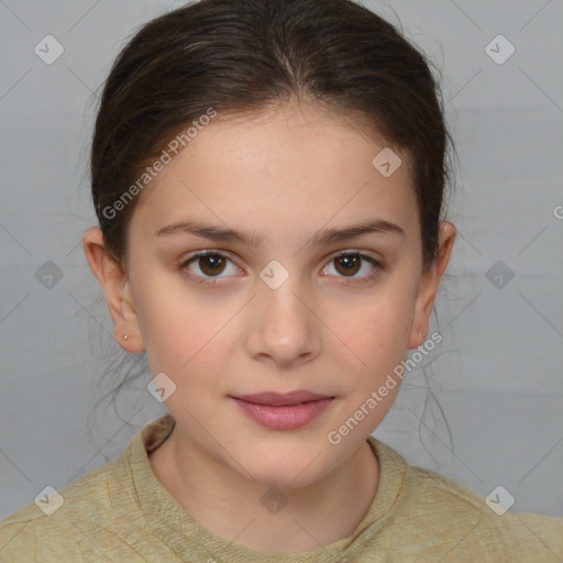 Joyful white child female with medium  brown hair and brown eyes