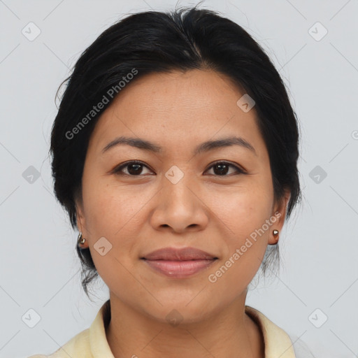 Joyful asian young-adult female with medium  black hair and brown eyes