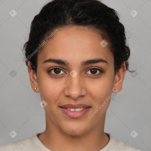 Joyful latino young-adult female with short  brown hair and brown eyes